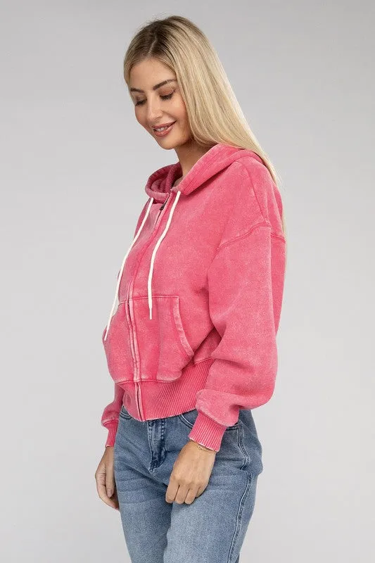 TEEK - Acid Wash Fleece Cropped Zip-Up Hoodie