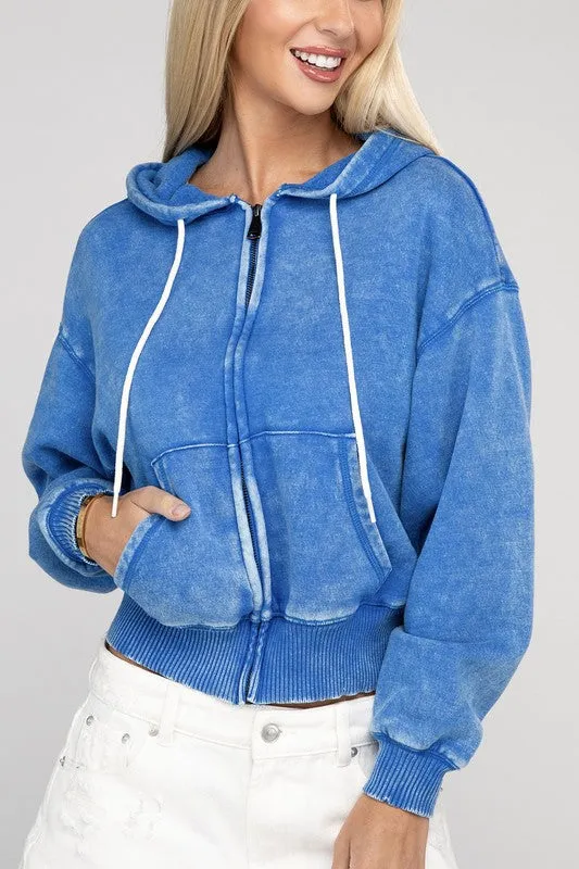 TEEK - Acid Wash Fleece Cropped Zip-Up Hoodie