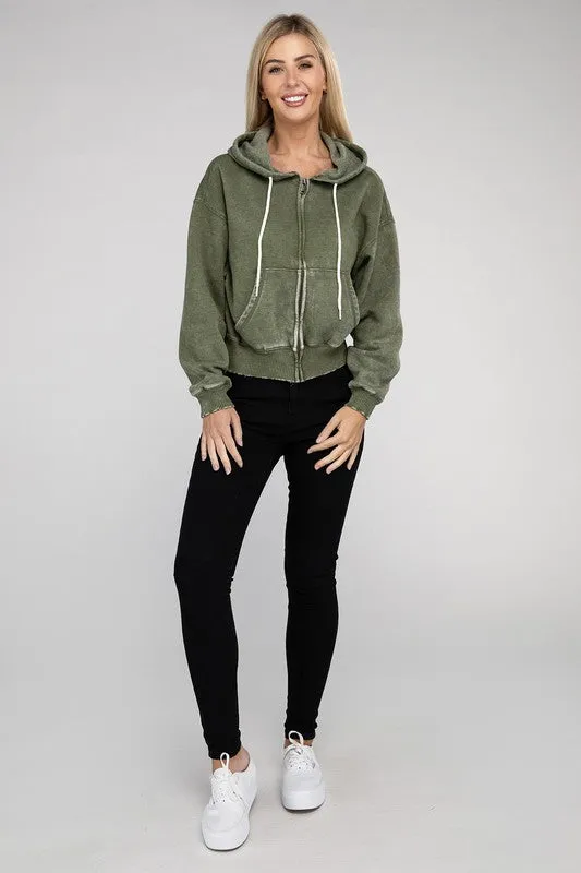 TEEK - Acid Wash Fleece Cropped Zip-Up Hoodie