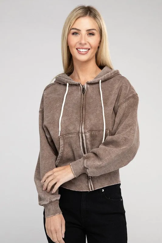 TEEK - Acid Wash Fleece Cropped Zip-Up Hoodie