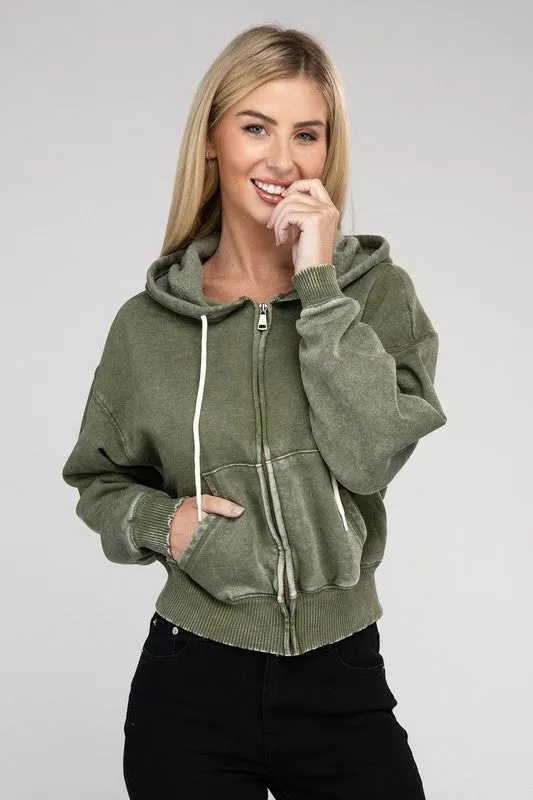 TEEK - Acid Wash Fleece Cropped Zip-Up Hoodie