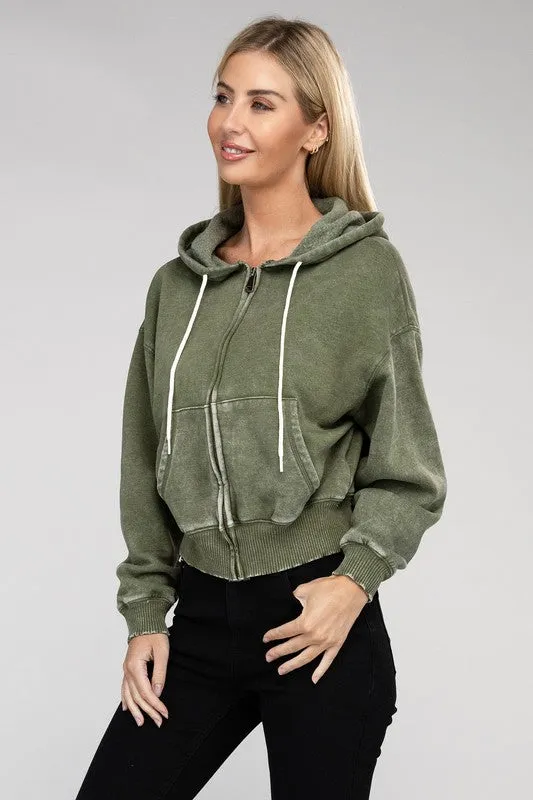 TEEK - Acid Wash Fleece Cropped Zip-Up Hoodie