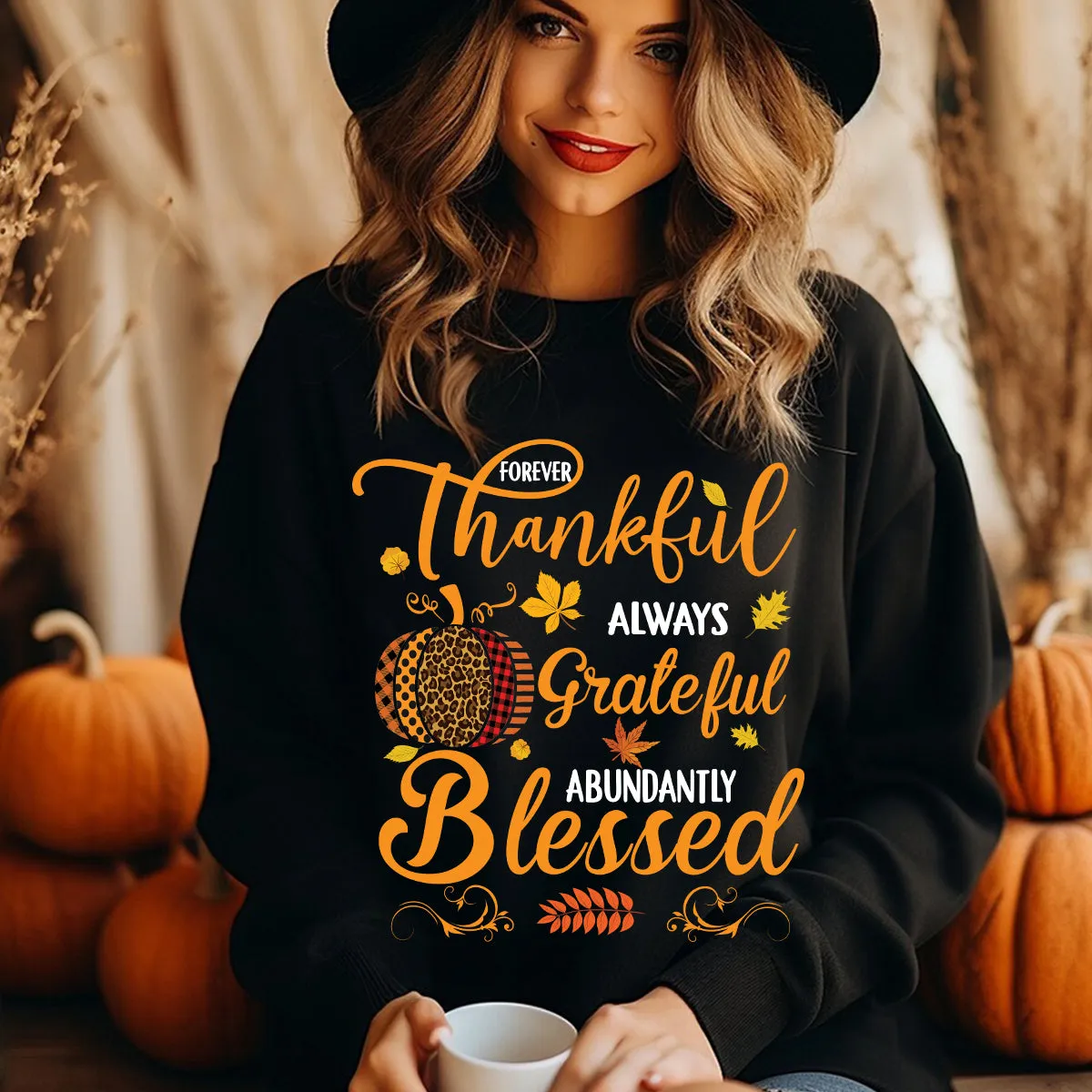 Teesdily | Pumpkin Jesus Shirt, Forever Thankful Always Grateful Abundantly Blessed Tee Sweatshirt Hoodie Mug, Jesus Lovers Gift, Thanksgiving Gift