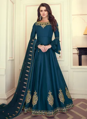 Turquoise Blue Designer Silk Anarkali Suit Set