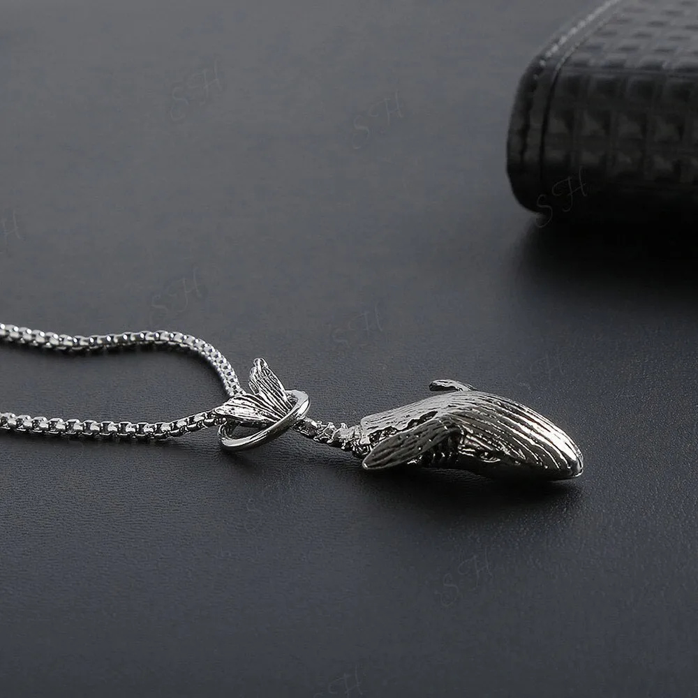 Vintage Gothic Blue Whale Pendant Necklace For Punk Men and Women Simple Fish Necklaces Sweater Chain Accessories Jewelry