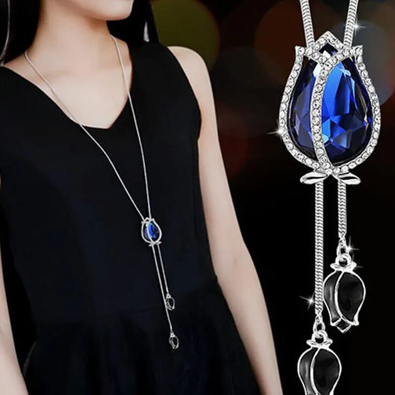 Wenkouban Fashion Long Chain Sweater Necklaces & Pendants for Women Blue Opal Rhinestone Flower Pendant Necklace Female Jewelry