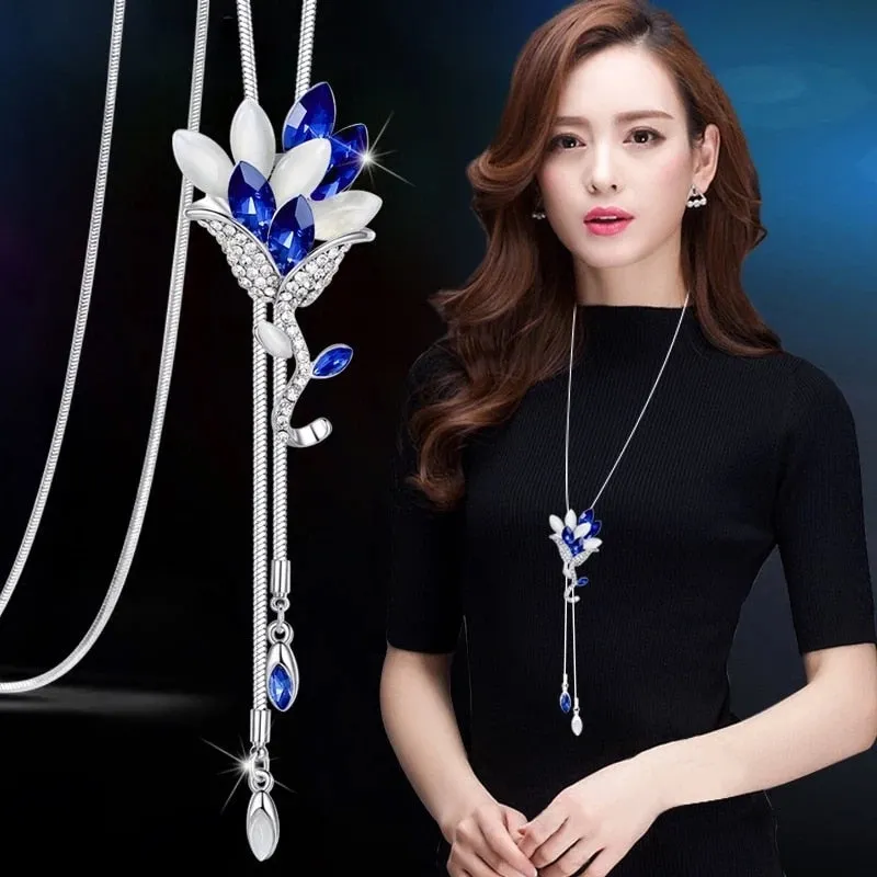 Wenkouban Fashion Long Chain Sweater Necklaces & Pendants for Women Blue Opal Rhinestone Flower Pendant Necklace Female Jewelry