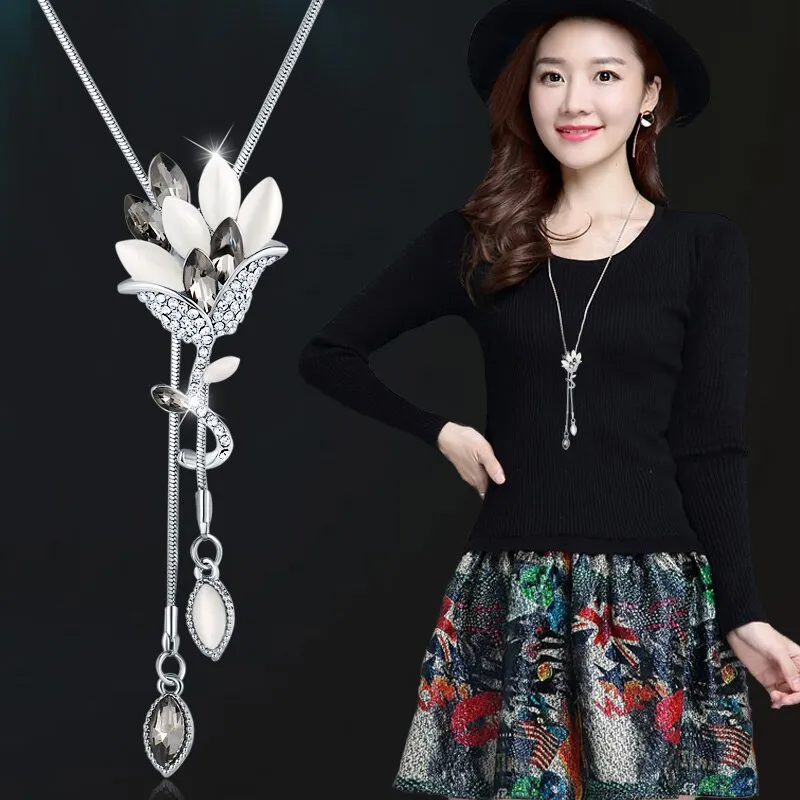 Wenkouban Fashion Long Chain Sweater Necklaces & Pendants for Women Blue Opal Rhinestone Flower Pendant Necklace Female Jewelry