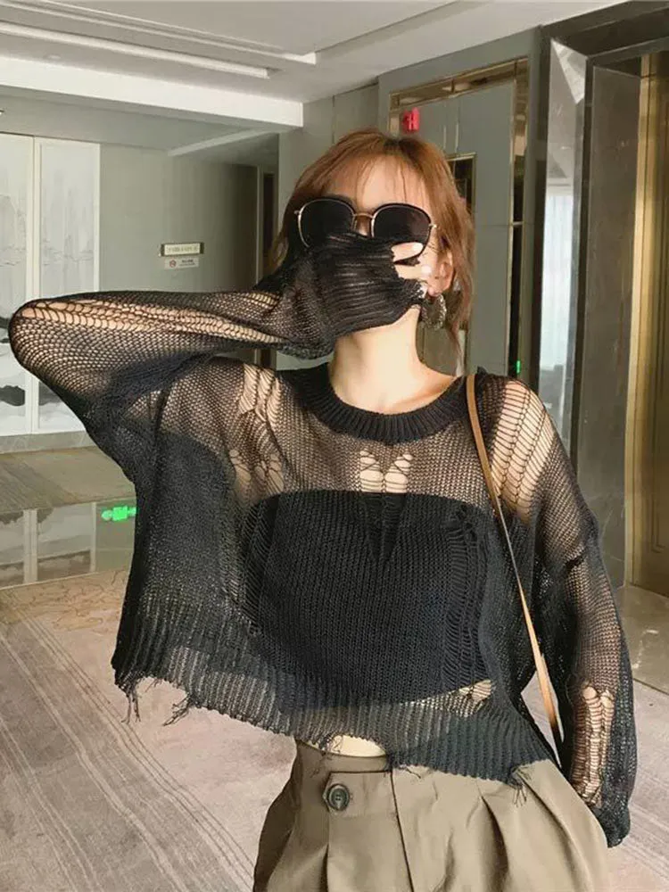 Wenkouban Hollow Out Hole Broken Sweater Women Destroyed Ripped Sweater Pullover Gothic Streetwear Punk Long Sleeve Tops