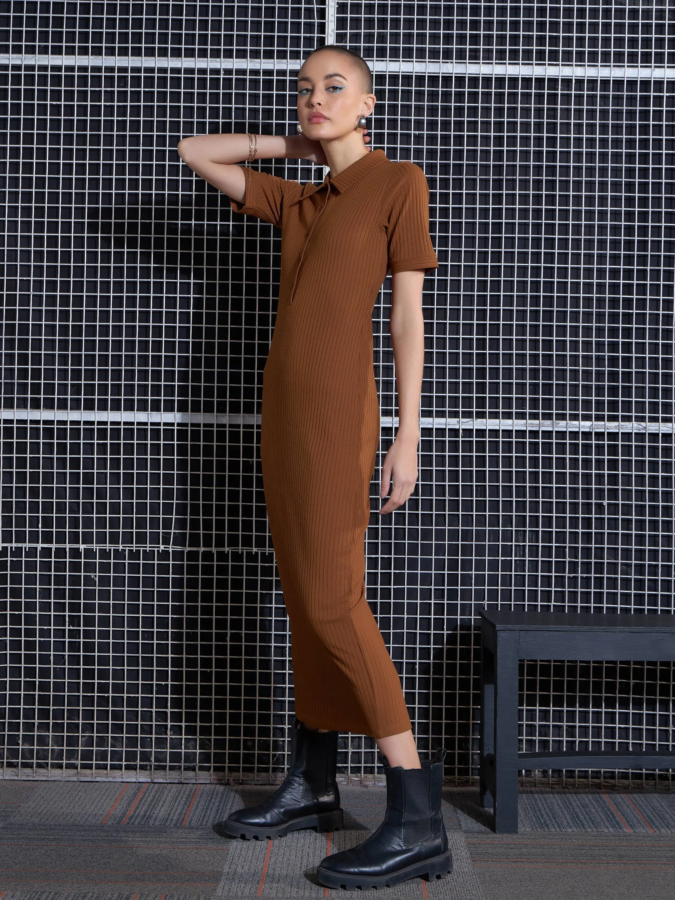 Women Brown Rib Polo Neck Bodycon Midi Dress