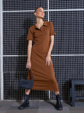 Women Brown Rib Polo Neck Bodycon Midi Dress