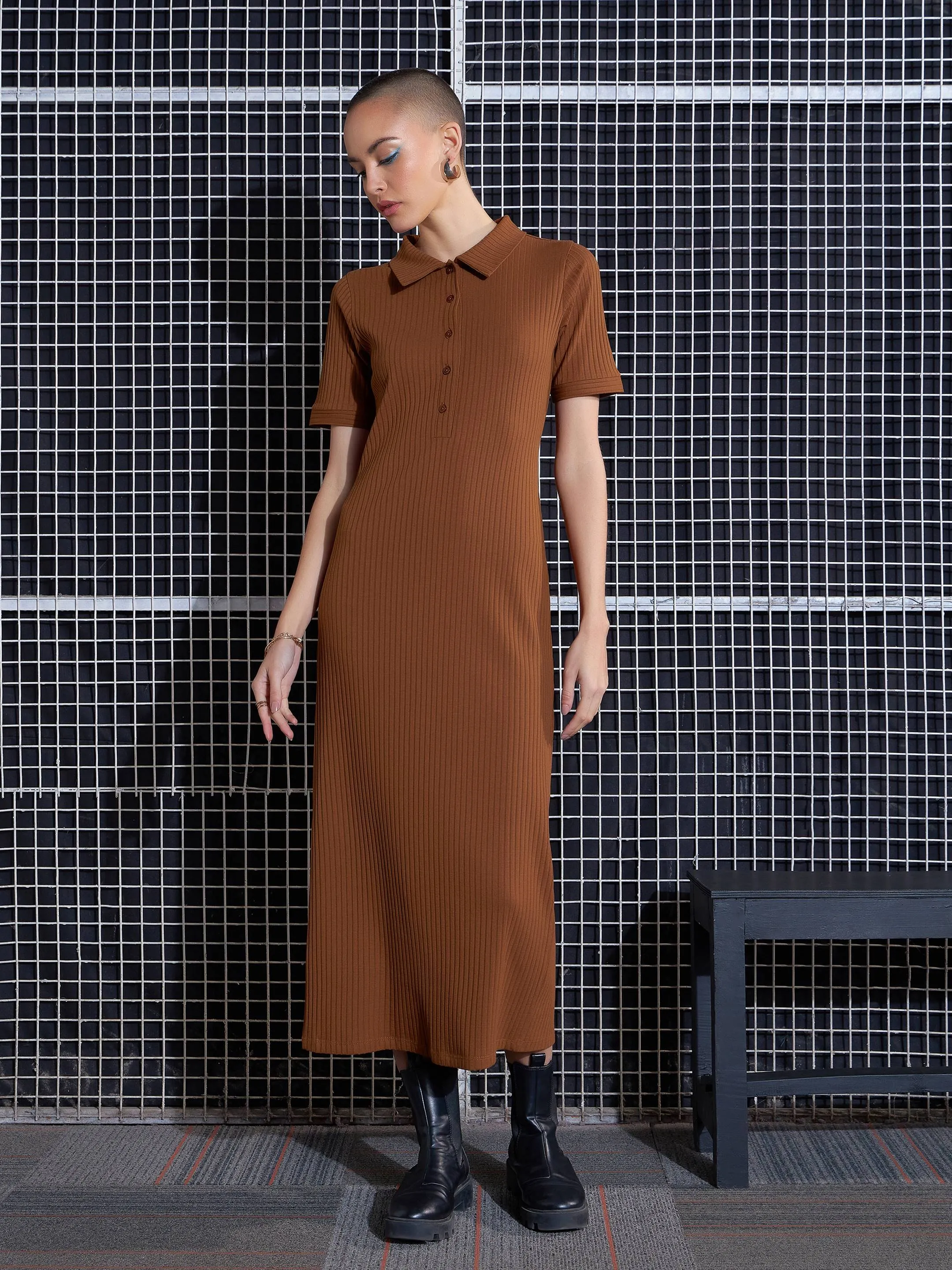 Women Brown Rib Polo Neck Bodycon Midi Dress