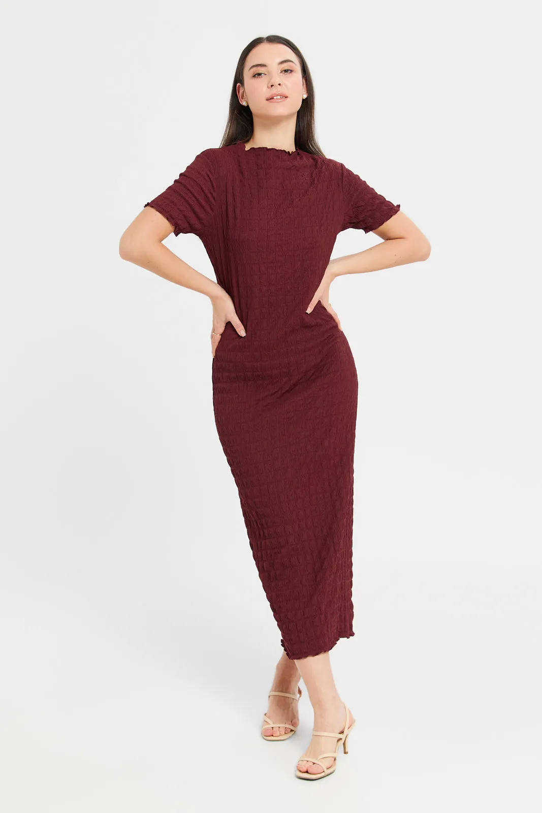 Women Burgundy Textured Bodycon Dress