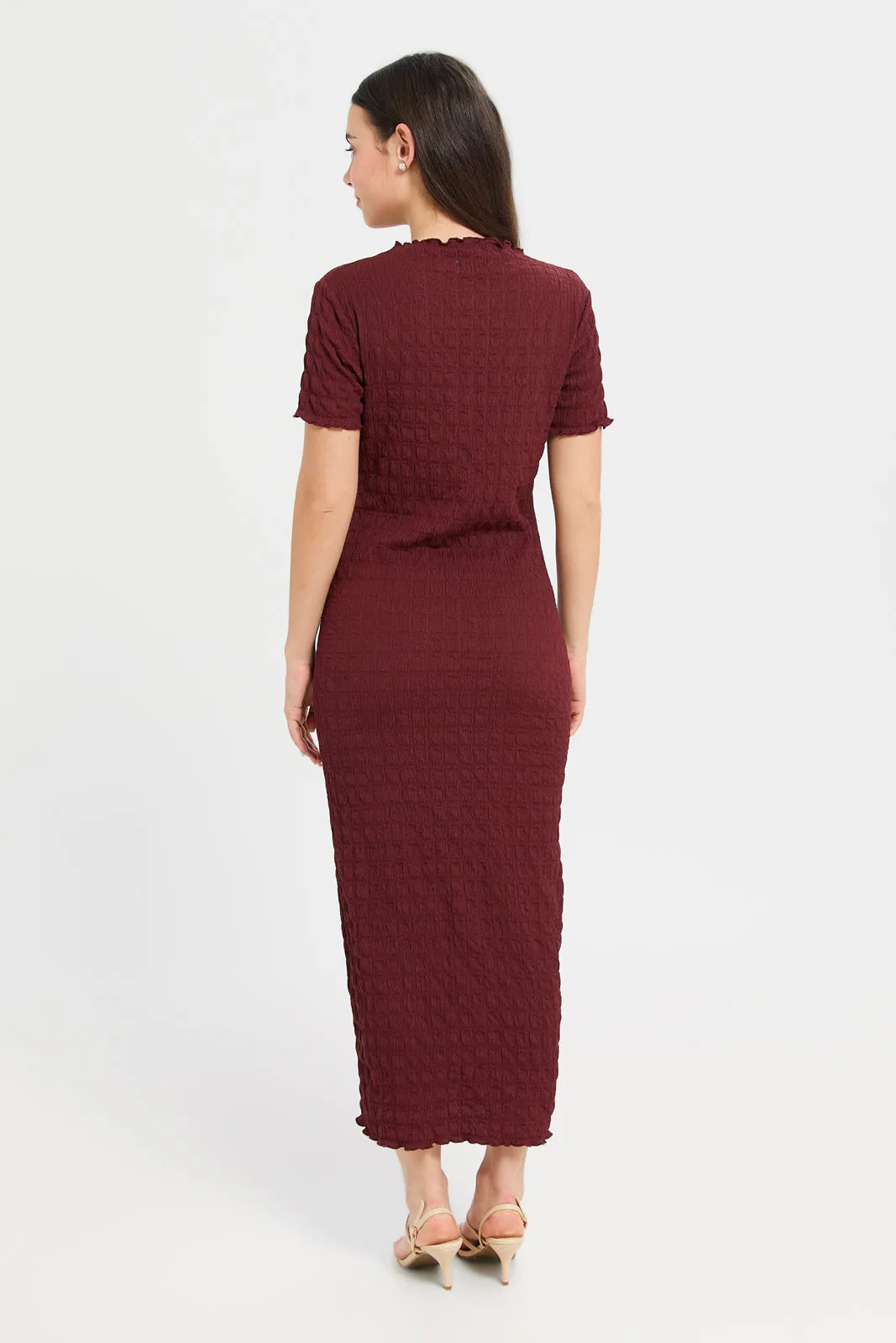 Women Burgundy Textured Bodycon Dress