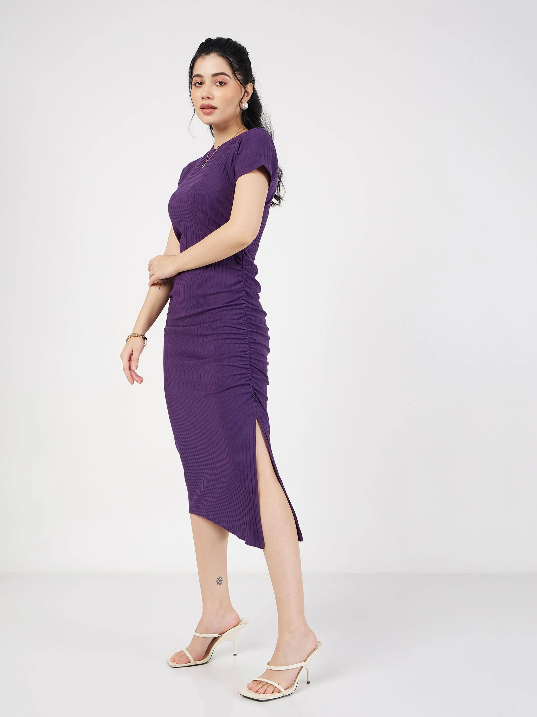 Women Purple Rib Side Ruched Bodycon Maxi Dress