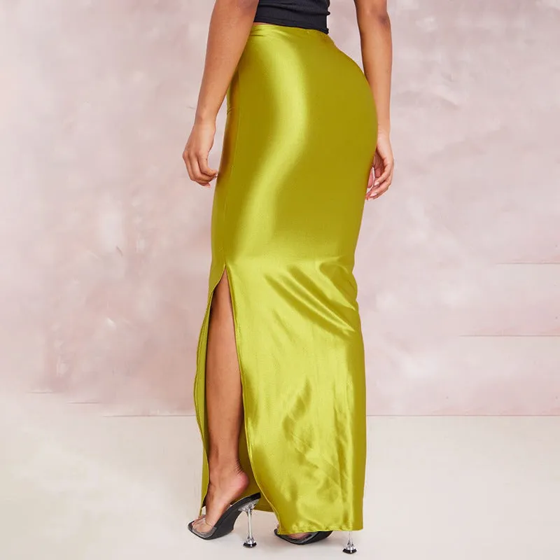 Women Summer Solid Color Personalized Bright Slit Slim Fitting Sheath Long Skirt