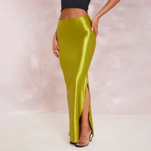 Women Summer Solid Color Personalized Bright Slit Slim Fitting Sheath Long Skirt