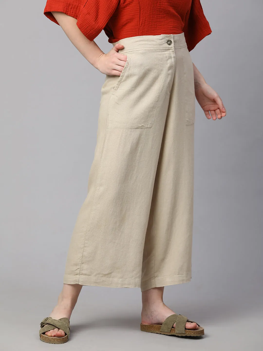 Women's Beige Linen Viscose Wide Leg Culotte