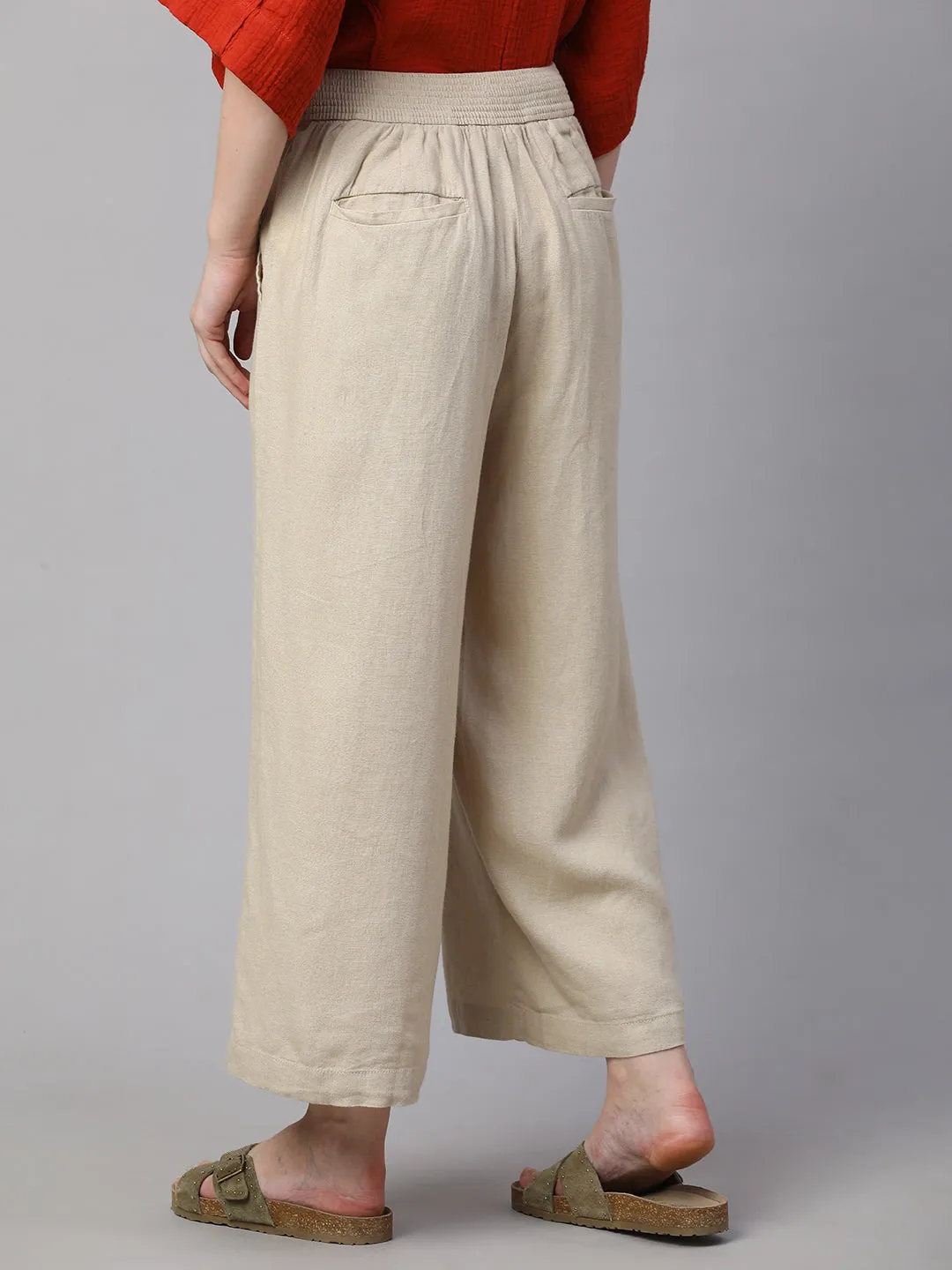 Women's Beige Linen Viscose Wide Leg Culotte