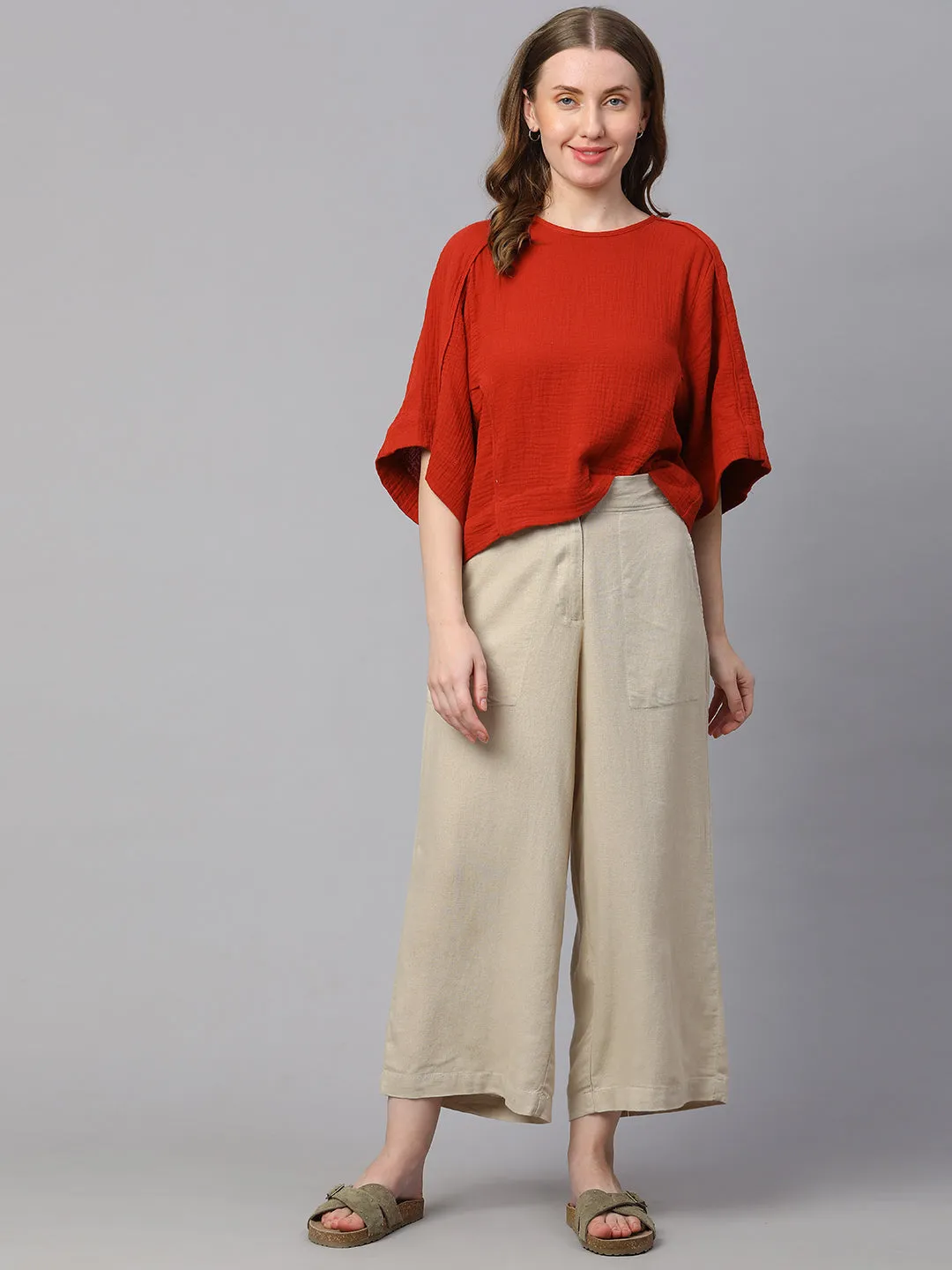 Women's Beige Linen Viscose Wide Leg Culotte