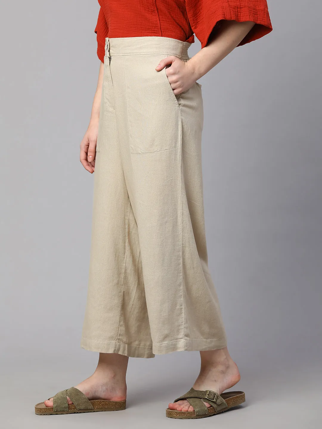 Women's Beige Linen Viscose Wide Leg Culotte