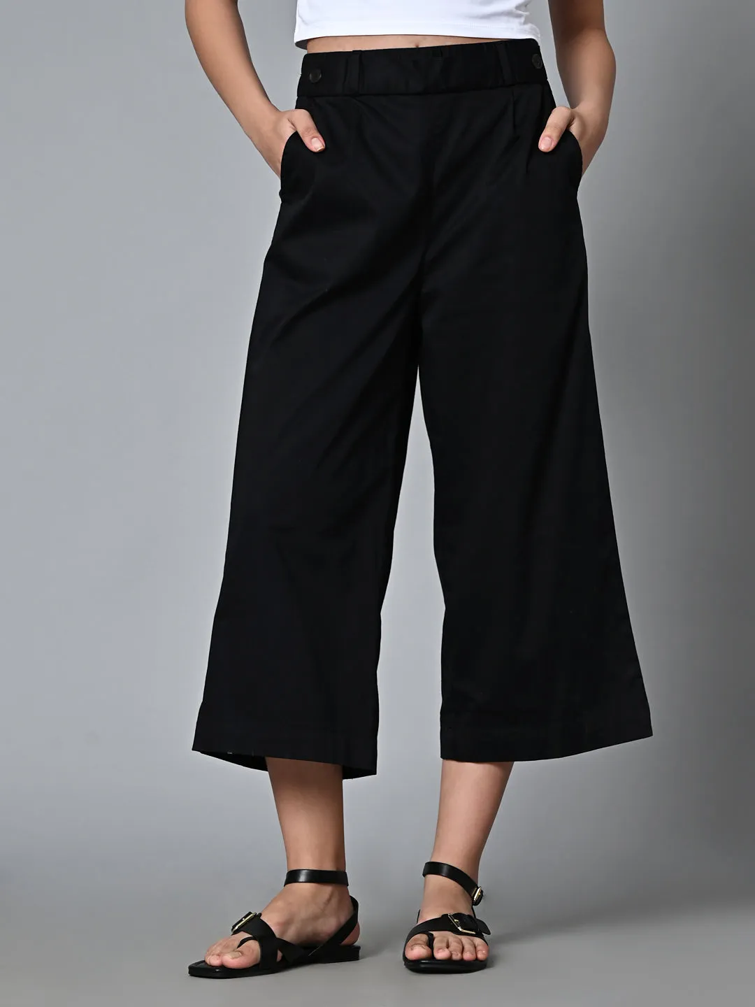 Women's Black Cotton Elastane Regular Fit Culotte