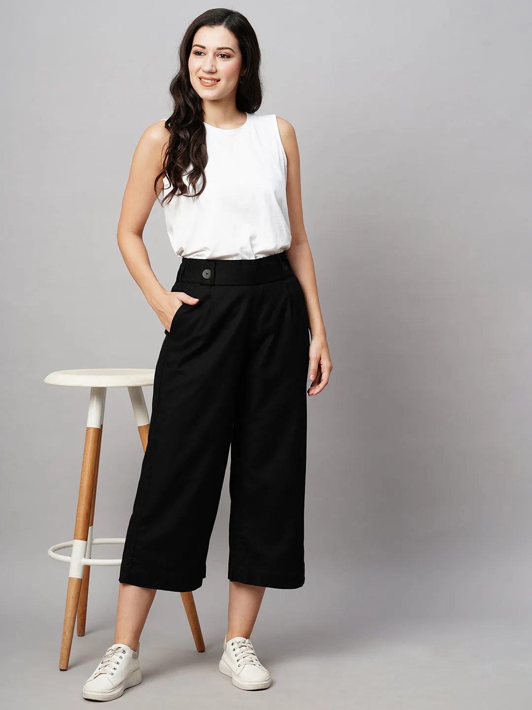 Women's Black Linen Regular Fit Culotte