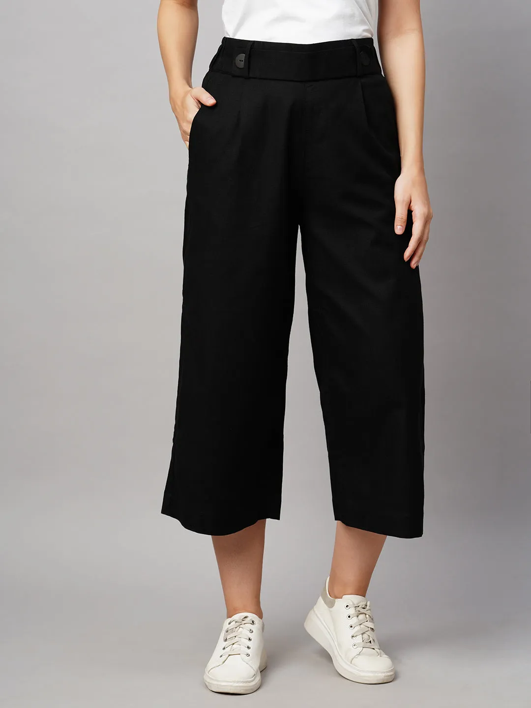 Women's Black Linen Regular Fit Culotte