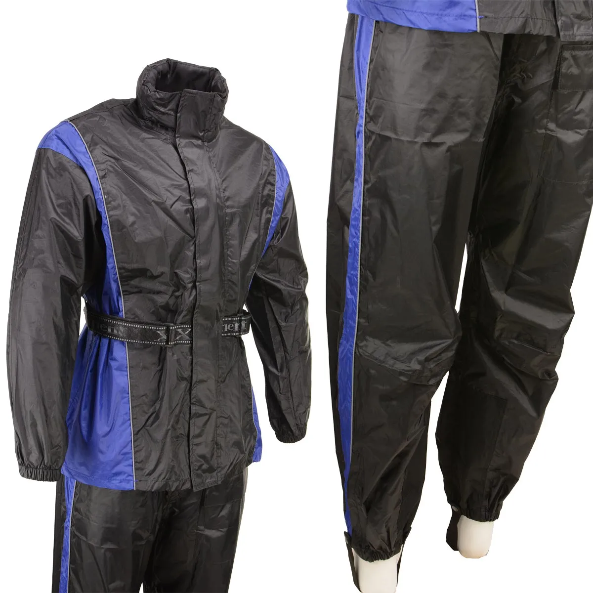 Xelement RN4768 Men's Black and Blue 2-Piece Motorcycle Rain Suit with Boot Strap