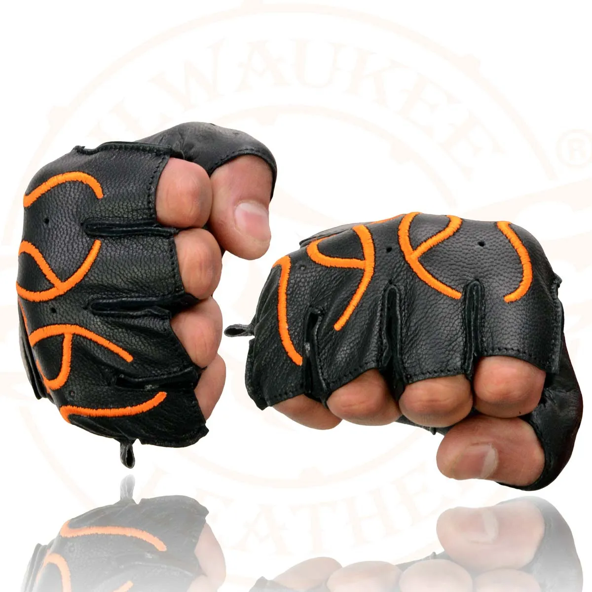 Xelement XG198 Men's Embroidered 'Flamed' Fingerless Black and Orange Motorcycle Leather Gloves