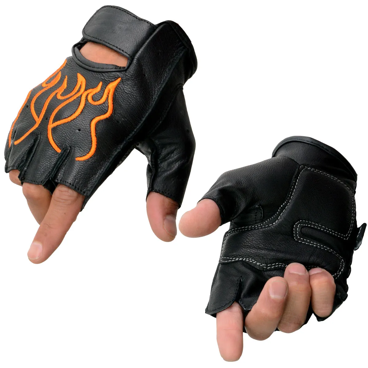 Xelement XG198 Men's Embroidered 'Flamed' Fingerless Black and Orange Motorcycle Leather Gloves